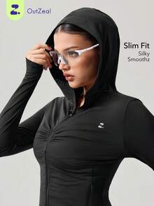 OutZeal Chaqueta protectora solar para mujer, ropa de gimnasio y entrenamiento, refrescante, suave, ajuste ceñido, con cremallera, tops para exteriores - Negro - Ver 11