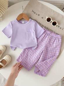 SHEIN Playful Pals 女嬰格紋日韓風舒適時尚百搭春夏兩件套 - 紫色 - 查看 5