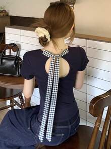DAZY 蝴蝶結刺繡寬鬆短袖圓領女款T恤 - 藏蓝色 - 查看 3