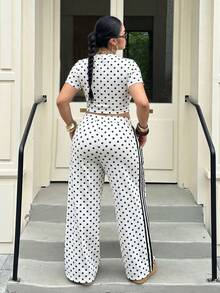 SHEIN EZwear 大尺碼女款波點拼接上衣與長褲套裝，休閒牛仔寬鬆日常度假正式風，適合夜店夏季白色 - 黑與白 - 查看 2