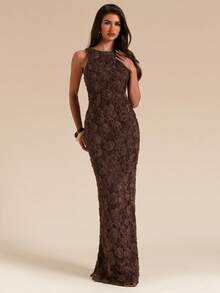 SHEIN BAE Spring Summer Brown Floral Jacquard Sleeveless Slim Fit Maxi Elegant Dress Dinner Party Date Wedding Guest Attire Cocktail Long Beach - Brown - View 4
