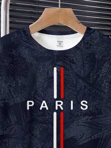 Set Kaos dan Celana Pendek Lengan Pendek Leher Bulat Minimalis Nyaman dan Modis untuk Anak Laki-Laki Remaja, Motif Teks Klasik Streetwear, Motif Garis Klasik, Motif Teks Paris, Cocok untuk Musim Semi/Panas, Cocok untuk Streetwear, Cocok untuk Pakaian yang Dipersonalisasi - MultiWarna - View 4
