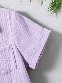 Souflis Souflis 2pcs Young Boy Casual Simple Preppy Cotton Regular Shoulder Short Sleeve Shirt And Shorts Set, Suitable For Daily Wear, Summer, Cotton Linen Birthday - Purple - View 6