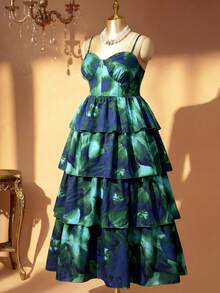 Rometta Plus Size Women All-Over Print Ruched Waist Elegant Party Cocktail Dress - Green - View 6