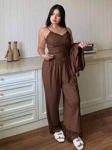 Dazy Plus Fashionable 3-Piece Home Wear Set, Slim Fit Camisole, Contrast Lace Cardigan, Pants, Elegant Plus Size Women's Pajama Set - Brown - View 4