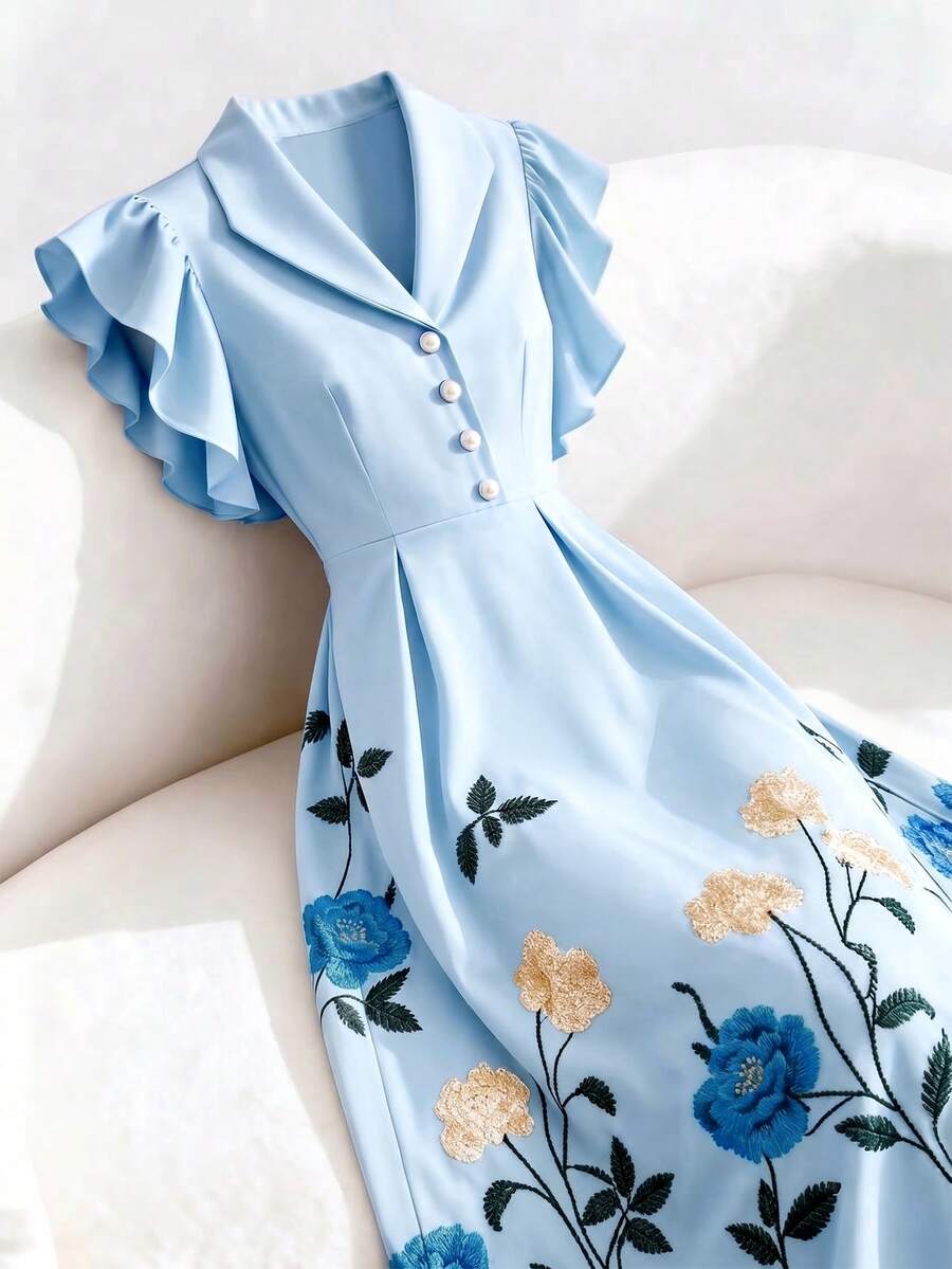 GlowEve 女款杏色花卉印花翻領珍珠鈕扣收腰A字版型荷葉袖設計迷人優雅甜美可愛日常度假通勤時尚約會法式街頭復古百搭春夏輕杏色新款荷葉袖中長洋裝 - 藍色 - 查看 1