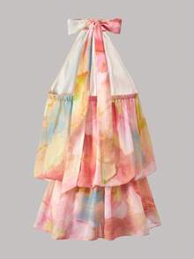 Tween Girl Floral Print Ruffle Hem Halter Neck Vacation Dress - Multicolor - View 5