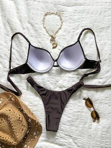 Bonvoyette Hard Cup Steel Support Spaghetti Strap Ruched Sexy Bikini Set - Brown - View 3