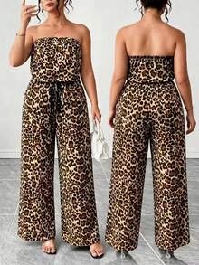 SHEIN Clasi Plus Size Women's Leopard Print Waist Tie Strapless Jumpsuit Vacation Dates Beige Summer Sexy Business Casual - Coffee Brown - View 1