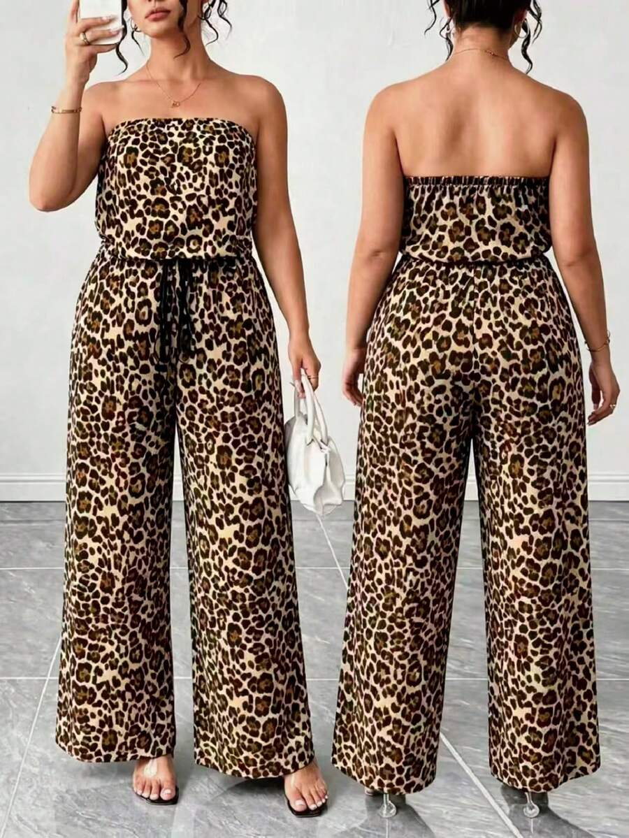 SHEIN Clasi Plus Size Women's Leopard Print Waist Tie Strapless Jumpsuit Vacation Dates Beige Summer Sexy Business Casual - Coffee Brown - View 1