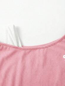 SHEIN Girlism 青少年女孩粉色與白色 T-shirt，2合1設計，蝴蝶結印花，對比色 T-shirt，設計款 T-shirt，不對稱，寬鬆，休閒，青少年女孩，運動風 - 粉色 - 查看 5