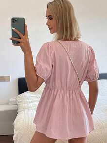 DAZY 女款圓領蝴蝶結寬鬆休閒襯衫 度假夏季款 - 粉色 - 查看 2