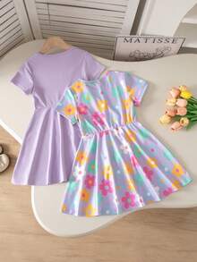 SHEIN Elladie kids 2件組女童幼兒簡約俏皮多巴胺彩色花卉短袖洋裝 多色粉色系 夏日休閒舒適套裝 - 紫色 - 查看 2