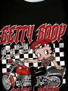 Betty Boop x SHEIN Plus Size Women's Black All-Over Print Round Neck Short Sleeve Fashion T-Shirt - White - View 5