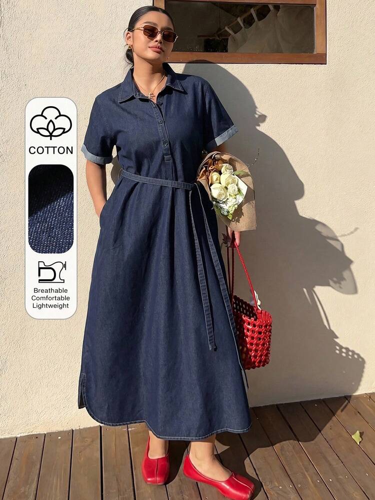 Dazy Plus Casual Loose Retro Denim Dress, Lapel Half-Open A-Line Slimming Long Spring Autumn Vacation Navy Blue