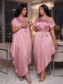 SOLERSUN Plus Size Women's Summer Blush Pink Elegant Formal Long Dress,Satin Slant Off Shoulder Cocoon Asymmetric Pocket Loose Waist Belt Vacation Banquet - Pink - View 3