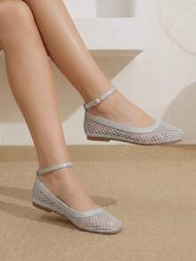 Styleloop 戶外女款方頭銀色布面時尚簡約舒適透氣平底鞋，適合海灘度假與宴會 - 銀色 - 查看 10