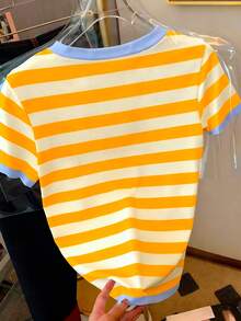 SHEIN Women's Colorblock Striped Round Neck Short Sleeve T-Shirt - Multicolor - View 2