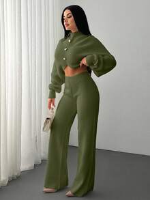 EURMUSE 2 Pieces Ribbed Knit Lounge Set Featuring Asymmetrical Sweater With Decorative Bow Accents And Matching High-Waisted Pants - Army Green - View 4