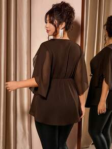 Cravure Plus Size Women's Solid Color V-Neck Casual Versatile Daily Outing Shirt - Brown - View 2