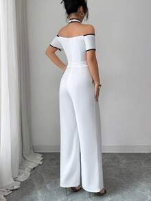 Balvessa Women's Summer Versatile Contrast Color Trim Open Shoulder Jumpsuit - White - View 2