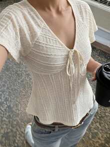 Livesso 女款商務休閒時尚街頭風紋理鏤空提花花卉開襟針織衫 T-shirt 上衣，適合秋冬春夏、新年、聖誕節 - 米色 - 查看 1