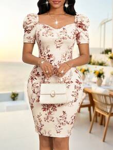 SHEIN Lady Women's Fashionable Elegant Sweetheart Collar Floral Print Petal Sleeve Short Dress Party Garden Party Summer Beige Vacation Outfits - Multicolor - View 7