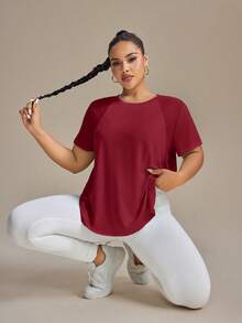SHEIN Rhythm Era Plus Size Women's Round Neck Short Sleeve Casual Versatile Sports T-Shirt - Burgundy - View 2