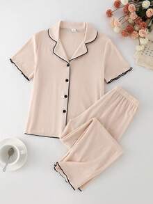 Set pigiama da casa da 2 pezzi per ragazze, elegante classico alla moda minimalista, dolce e carino, casual primavera/estate, colore albicocca chiaro/kaki, in morbido tessuto lavorato a maglia delicato sulla pelle, con top a maniche corte con colletto e pantaloni lunghi - Cachi - Visualizzare 1