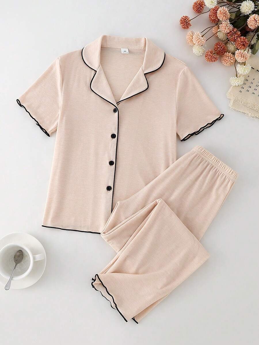 Set pigiama da casa da 2 pezzi per ragazze, elegante classico alla moda minimalista, dolce e carino, casual primavera/estate, colore albicocca chiaro/kaki, in morbido tessuto lavorato a maglia delicato sulla pelle, con top a maniche corte con colletto e pantaloni lunghi - Cachi - Visualizzare 1