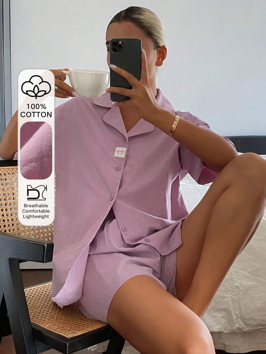 Livesso 2件組女款休閒夏季套裝,包含開襟短袖上衣與短款睡褲 - 紫色 - 查看 1