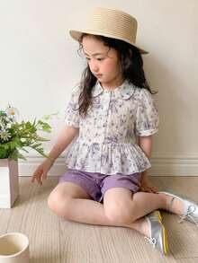 Dazy Kids 女童碎花單排扣短袖泡泡袖襯衫與短褲可愛兩件套 夏季 - 淡紫色 - 查看 3