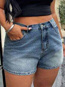 Dazy Plus Plus Size Women's Rhinestone Embellished Super Short Fitted Sexy Denim Shorts, Spring/Summer - Medium Wash - View 4