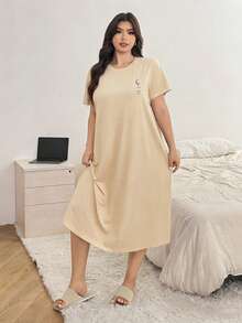 Dazy Plus Solid Color Casual Letter Print Round Neck Straight Hem T-Shirt Loungewear Long Nightgown Summer Pajamas - Mustard Yellow - View 3