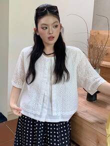 Dazy Plus Plus Size Women's White 2 In 1 Hollow Out Short Sleeve Blouse, Summer New Design Unique & Special High-End Style Top Shirt Cute Tops - White - View 4