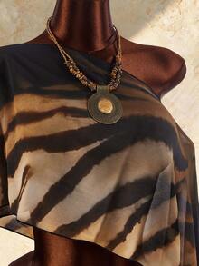 Amplova 女款度假不對稱領動物印花透視罩衫上衣 - 棕色 - 查看 6