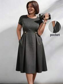 Chikora Plus Size Women's Brown Baggy Solid Color Round Neck Pleated Elegant Formal Commuter Autumn Casual Dress Suitable For Summer Spring Office Evening - Grey - View 2