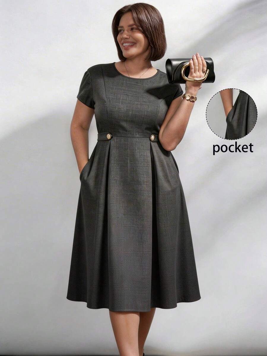 Chikora Plus Size Women's Brown Baggy Solid Color Round Neck Pleated Elegant Formal Commuter Autumn Casual Dress Suitable For Summer Spring Office Evening