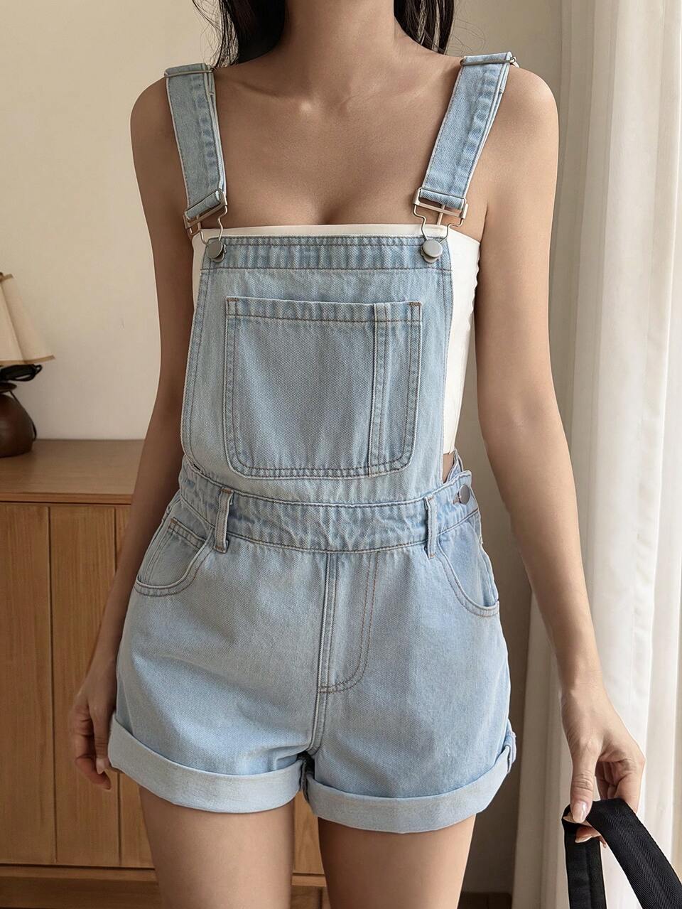 Women's Summer Cuffed Strap Shorts, Casual Denim Bib Pants And Jumpsuits