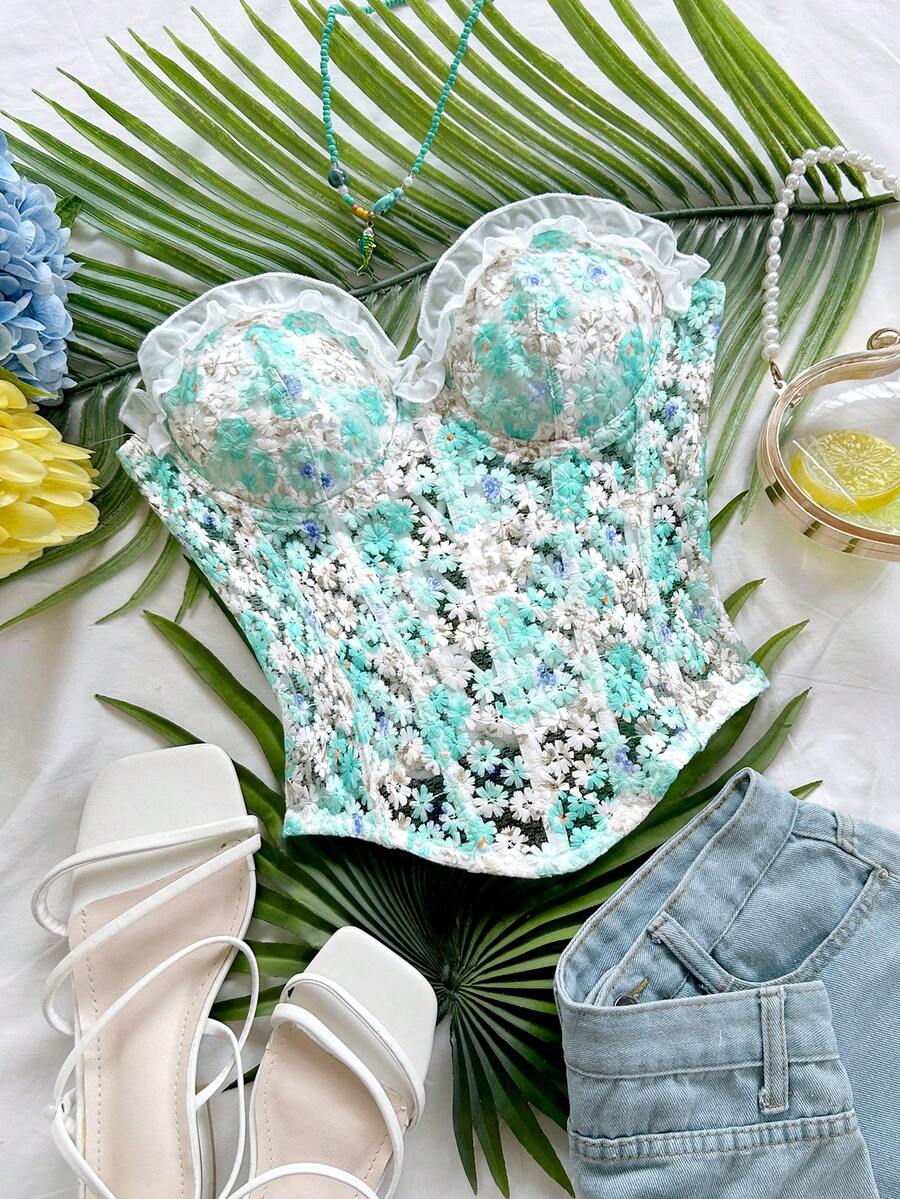 Soleia 女款浪漫春夏度假上衣，雛菊刺繡、紋理印花與3D花卉裝飾，休閒上衣，適合約會、情人節、下午茶、海灘、郵輪、公路旅行、城市度假、音樂節、派對，波希米亞、波西米亞風、嬉皮、西部風格，百搭內搭/外穿，四季穿著，日常通勤 - 薄荷綠 - 查看 1