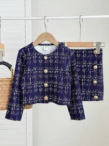 SHEIN Firerie Kids 少女圓領長袖金屬鈕扣裝飾夾克搭配貼身裙都市時尚套裝 - 藍色 - 查看 3