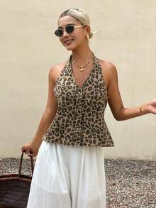 Livesso Women's Leopard Print All-Over Print Spaghetti Strap Backless Cropped Tank Top,  Music Festival, Casual , Vacation, Beach, Slim Fit Denim Top Summer - Brown - View 6