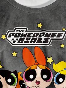 THE POWERPUFF GIRLS X SHEIN 女士休闲时尚街头风可爱花朵、泡泡、毛茛图案落肩宽松短款T恤，夏季 - 白色 - 查看 5