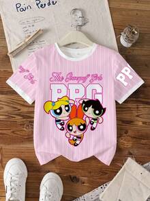 THE POWERPUFF GIRLS X SHEIN 少女圆领条纹字母卡通印花休闲百搭日常短袖T恤 - 白色 - 查看 7