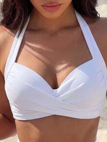 Swim Vcay 女款夏季海灘素色掛脖比基尼上衣，Bikini Top，B 罩杯墊托加鋼圈設計 - 白色 - 查看 4