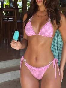 Swim Mod Women 2-Piece Pink Polka Dots Plaid Textured Ruffle Triangle Halter Tie Bikini Set Cute Sexy Summer Holiday Pool Party Beach Vacation Sweet Vibrant - Pink - View 3