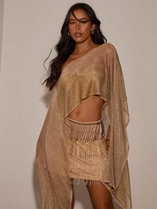 Opulessa Women's Solid Color One Shoulder Top And Tassel Design Mini Skirt Sexy Date Night Out Two Pieces Set Gold Beige Summer - Gold - View 8