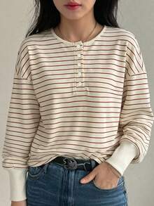 FRIFUL Women's Casual Loose Batwing Striped T-Shirt, Autumn - Red - View 7