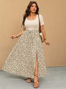 Elaquor Plus Size Women Summer Casual Patchwork Ditsy Floral High Slit Round Neck Dress - Apricot - View 4