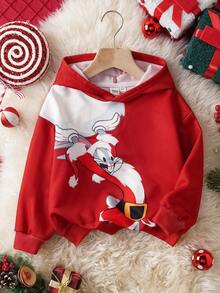 LOONEY TUNES X SHEIN Young Boy Christmas Cartoon Pattern Hooded Long Sleeve Sweatshirt Fall Winter - Red - View 3